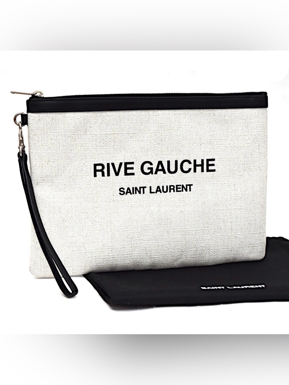 Saint Laurent Rive Gauche Crossbody/Clutch Bag Coated Canvas Leather Ivory Black - Picture 3 of 16